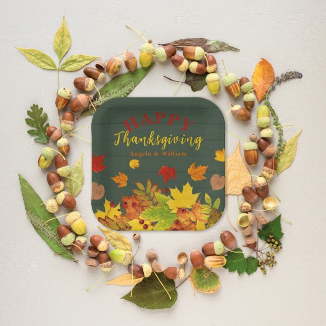 Happy Thanksgiving Fall Colourful Foliage On Wood Paper Plate (Creator Uploaded)
