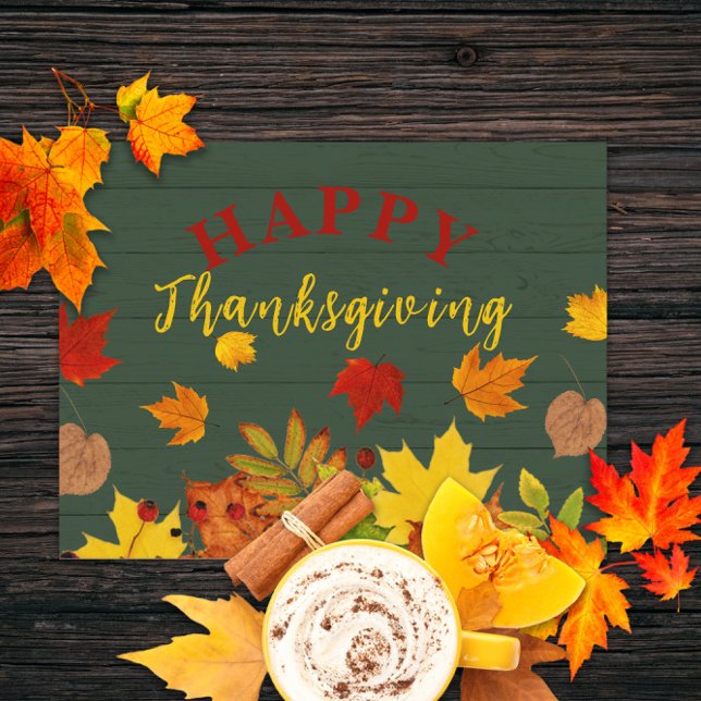 Happy Thanksgiving Fall Colourful Foliage On Wood Postcard (Creator Uploaded)
