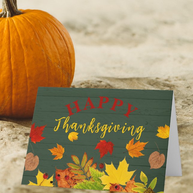 Happy Thanksgiving Fall Colourful Foliage On Wood Thank You Card (Creator Uploaded)