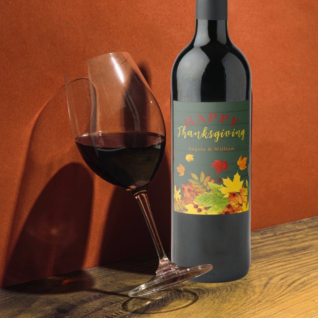 Happy Thanksgiving Fall Colourful Foliage On Wood Wine Label (Creator Uploaded)