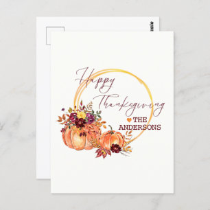 Happy Thanksgiving Fall floral pumpkin and leaves Postcard