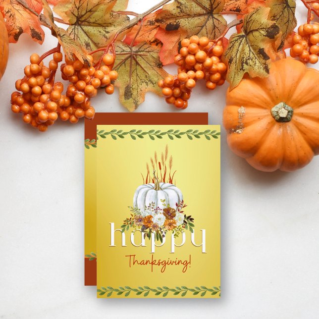 Happy Thanksgiving Fall Floral Pumpkin Flat Yellow Holiday Card (Creator Uploaded)