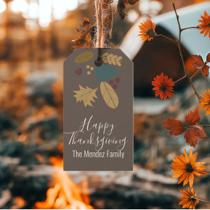 Happy Thanksgiving Fall Folk Greenery Brown Gift Tags