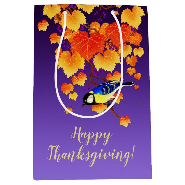 Happy Thanksgiving Fall Grape Vine Great Tit Bird Medium Gift Bag (Front)