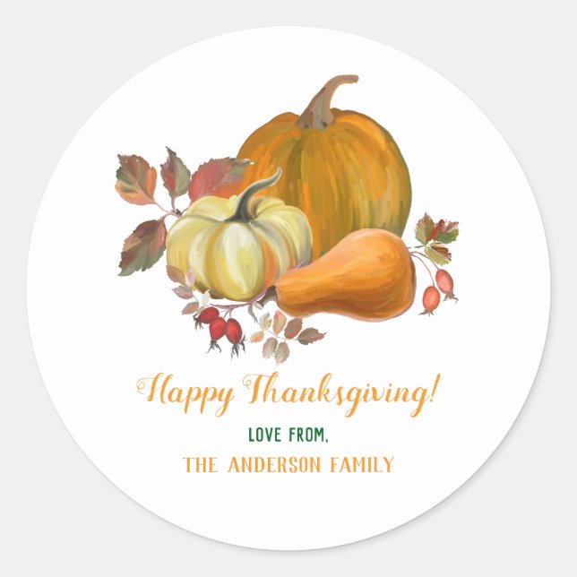 Happy Thanksgiving Fall Harvest Pumpkins Foliage  Classic Round Sticker (Front)
