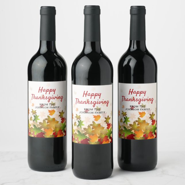 Happy Thanksgiving Fall Leaves Personalised Name Wine Label (Bottles)