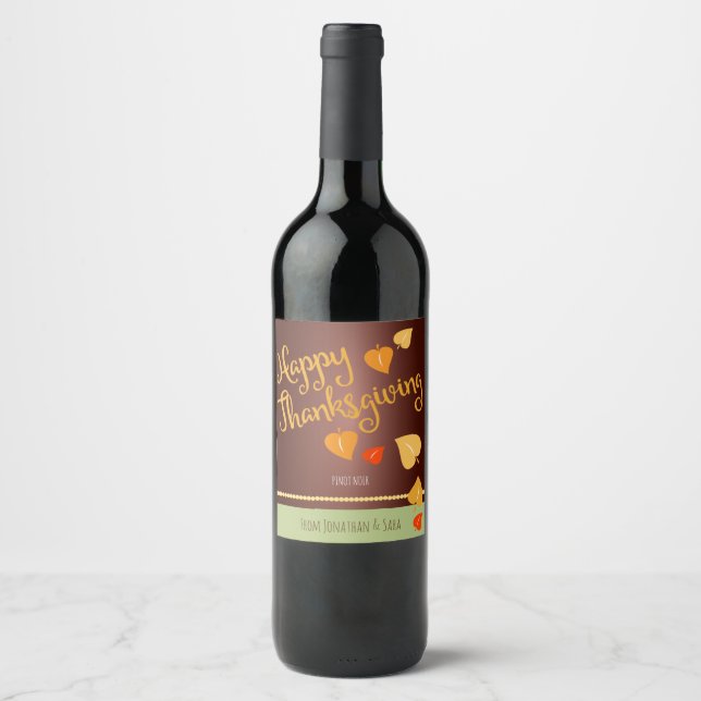 Happy Thanksgiving, Fall Leaves Personalised Wine Label (Front)