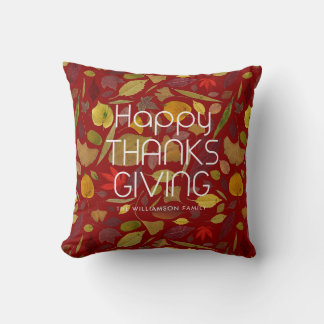 Happy Thanksgiving Fall Leaves Rusty Red Family Cushion