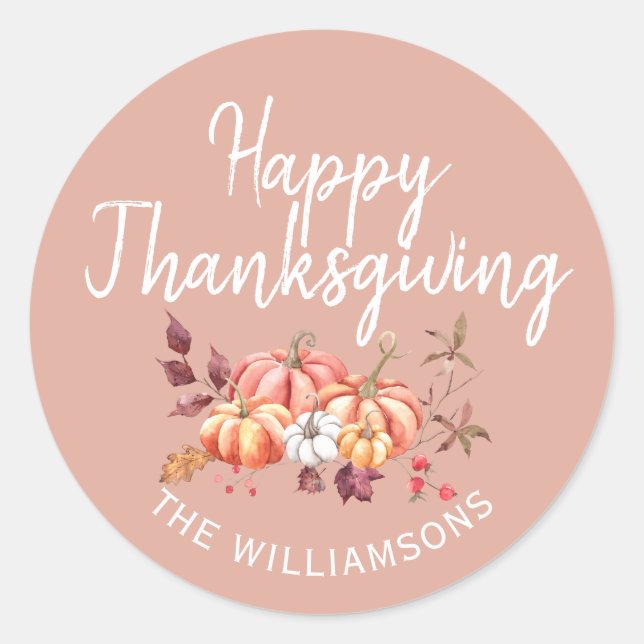 Happy Thanksgiving Fall Pumpkin Dusty Pink Classic Round Sticker (Front)
