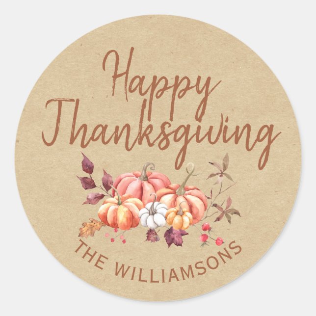 Happy Thanksgiving Fall Pumpkin Kraft Paper Classic Round Sticker (Front)