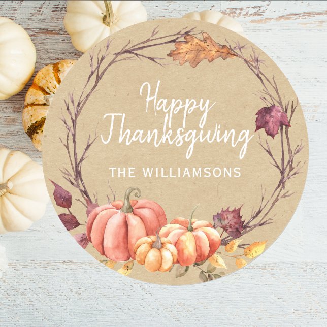 Happy Thanksgiving Fall Pumpkin Kraft Paper Classic Round Sticker (Creator Uploaded)