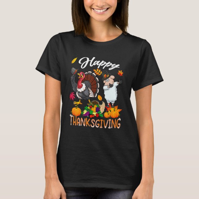 Happy Thanksgiving Fall Turkey Dabbing Sheep Weari T-Shirt (Front)