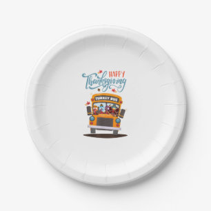 Happy Thanksgiving Fall Turkey Thankful School Bus Paper Plate