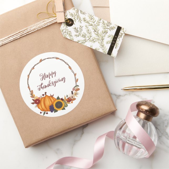 Happy Thanksgiving Fall Wreath Classic Round Sticker (Gifting)