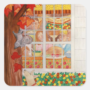 Happy Thanksgiving Family Meal Scene Square Sticker