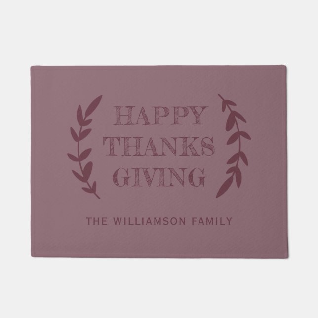 HAPPY THANKSGIVING Family Name Burgundy Doormat (Front)