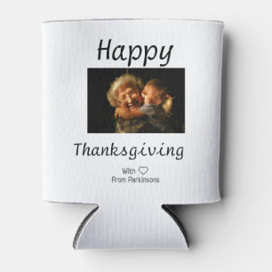 Happy Thanksgiving family name photo black simple Can Cooler
