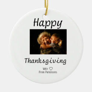 Happy Thanksgiving family name photo black simple Ceramic Ornament