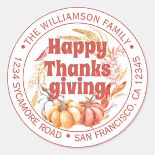 Happy Thanksgiving Family Name Return Address Classic Round Sticker