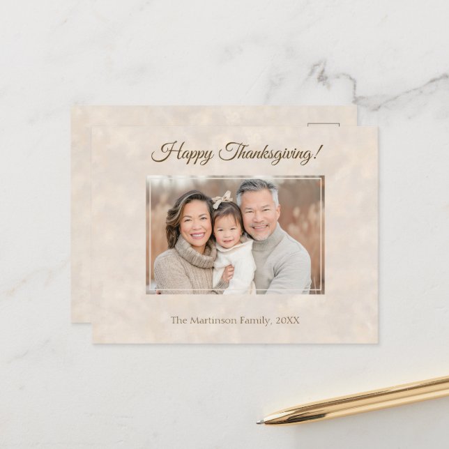 Happy Thanksgiving Family Photo Elegant Neutral  Holiday Postcard (Front/Back In Situ)