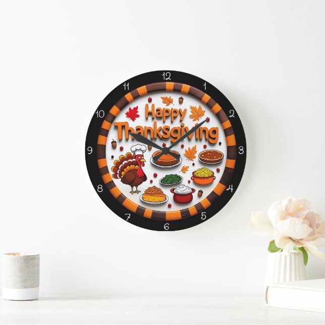 Happy Thanksgiving Feast Turkey Large Clock (Home)