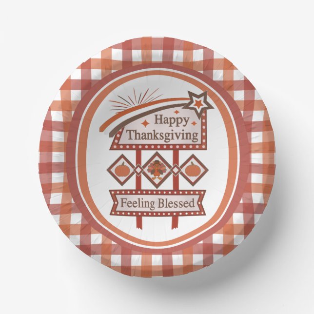 Happy Thanksgiving Feeling Blessed Retro Sign Paper Plate (Front)