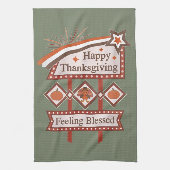 Happy Thanksgiving Feeling Blessed Retro Sign Tea Towel (Vertical)