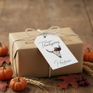 Happy Thanksgiving Floral Cow Skull Fall Harvest Gift Tags