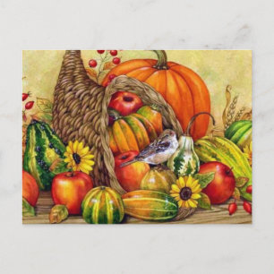 happy thanksgiving floral fruit arrangement holiday postcard