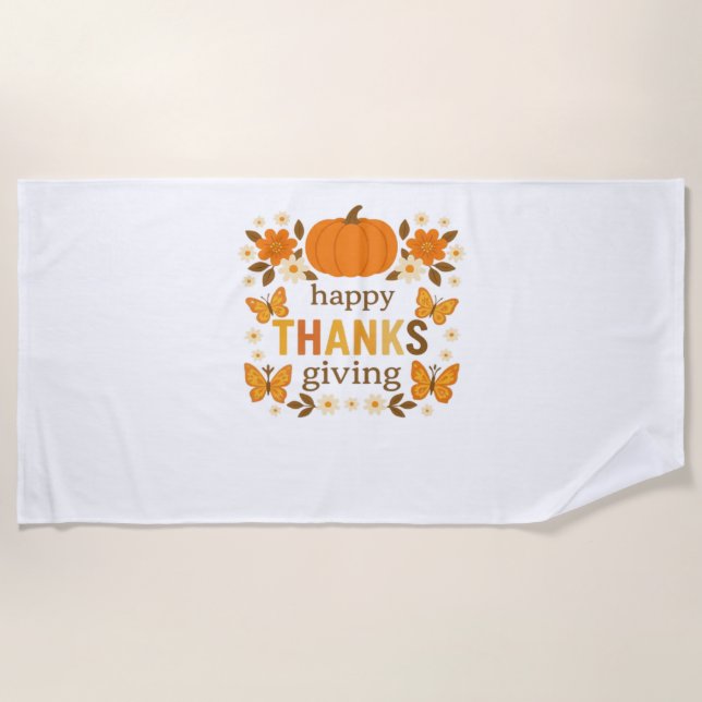 Happy Thanksgiving Floral Pumpkin Classic T-Shirt Beach Towel (Front)