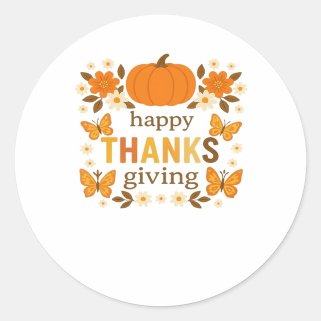Happy Thanksgiving Floral Pumpkin Classic T-Shirt Classic Round Sticker (Front)