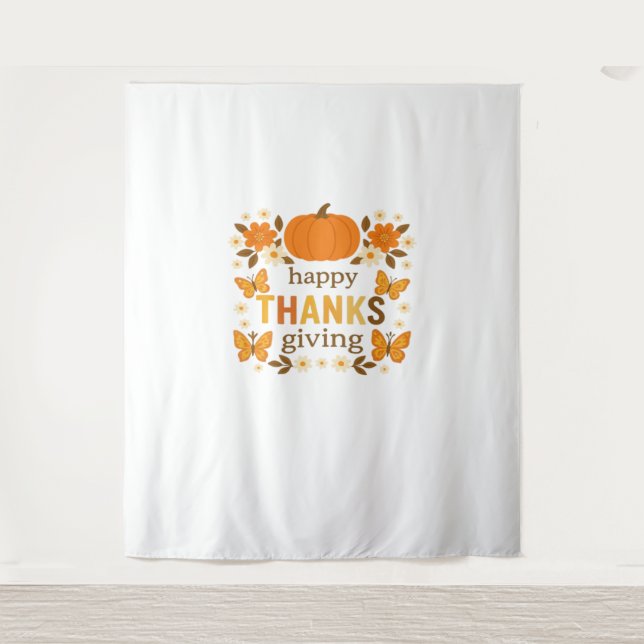 Happy Thanksgiving Floral Pumpkin Classic T-Shirt Tapestry (Front)