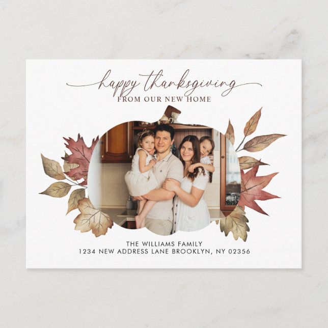 Happy Thanksgiving Floral Pumpkin Photo Moving Announcement Postcard (Front)