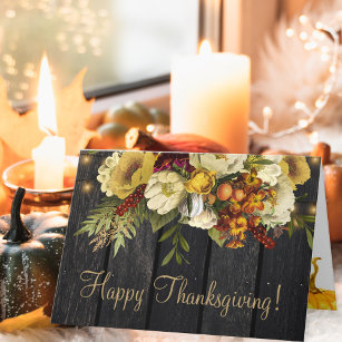 Happy Thanksgiving floral rustic wood Thanksgiving Holiday Card