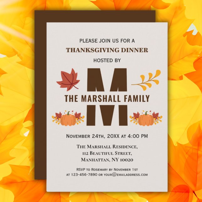 Happy Thanksgiving Friendsgiving Pumpkin Monogram Invitation (Creator Uploaded)