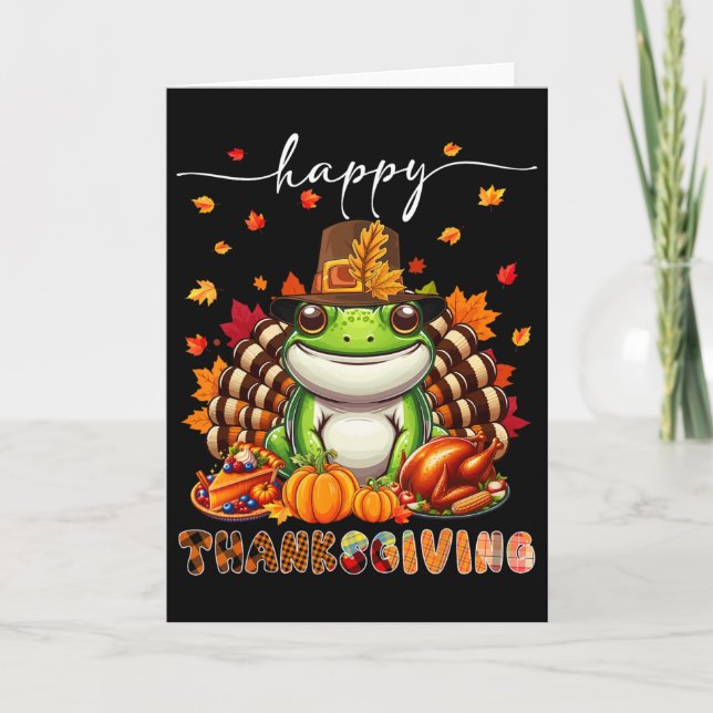 Happy Thanksgiving Frog Costume Turkey Fall Leaves Card (Front)