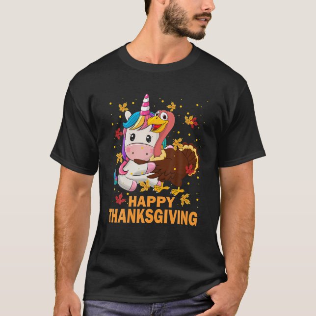 Happy Thanksgiving Funny Turkey Hugs Unicorn Lover T-Shirt (Front)