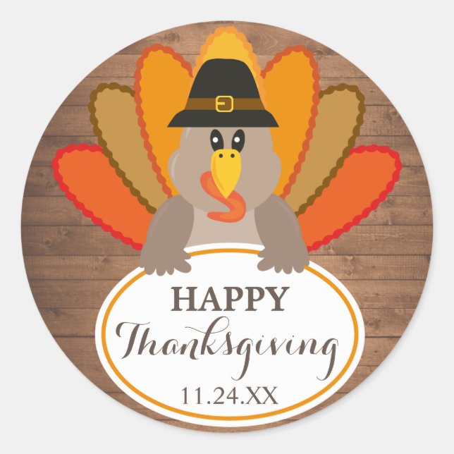 Happy Thanksgiving funny turkey rustic woodsticker Classic Round Sticker (Front)