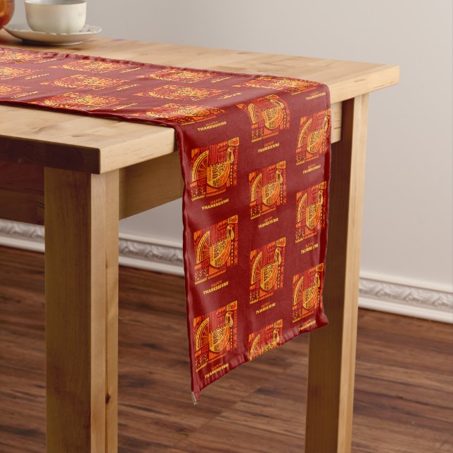Happy Thanksgiving Geometric Abstract Orange Brown Long Table Runner (In Situ)