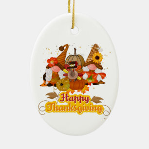 Happy Thanksgiving Gnome Trio Ceramic Ornament