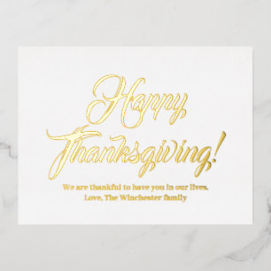 Happy Thanksgiving gold custom script elegant Foil Holiday Postcard
