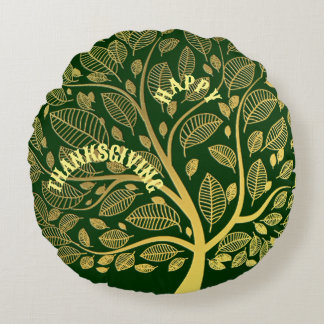 Happy Thanksgiving Gold Tree Of Life Greenery Cute Round Cushion