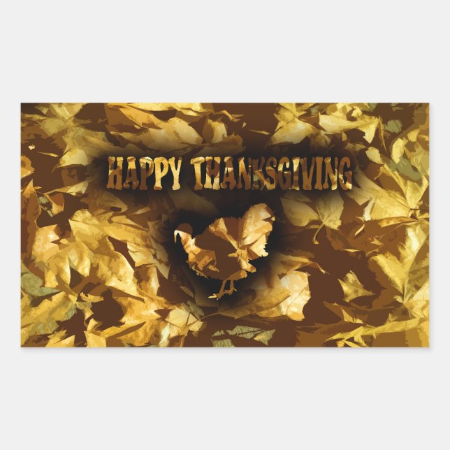 HAPPY THANKSGIVING - Golden Leaves & Turkey Rectangular Sticker (Front)
