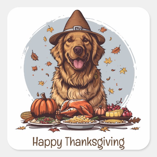 Happy Thanksgiving Golden Retriever Dog Square Sticker (Front)