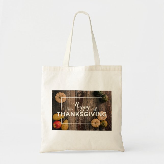 Happy Thanksgiving Gourds on Rustic Wood Tote Bag (Front)