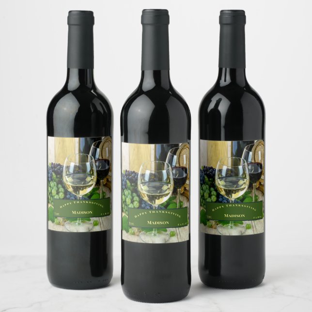 Happy Thanksgiving Grapes Greenery Wine Label (Bottles)