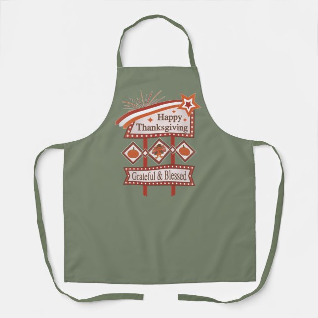 Happy Thanksgiving Grateful & Blessed Retro Sign Apron (Front)
