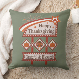 Happy Thanksgiving Grateful & Blessed Retro Sign Cushion