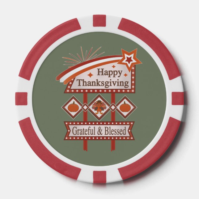 Happy Thanksgiving Grateful & Blessed Retro Sign Poker Chips (Front)