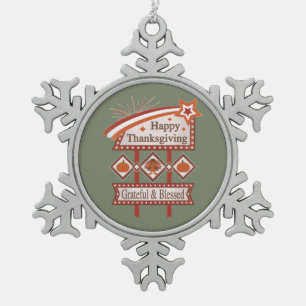 Happy Thanksgiving Grateful & Blessed Retro Sign Snowflake Pewter Christmas Ornament